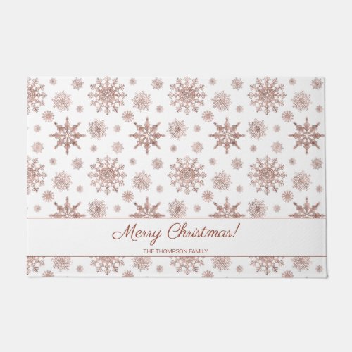 Faux Rose Gold Color Looking Snowflakes  Text Doormat