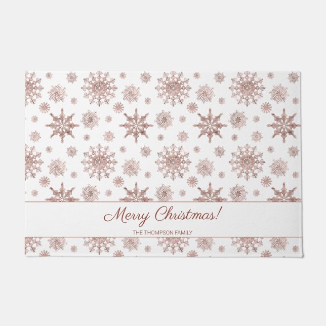 Faux Rose Gold Color Looking Snowflakes & Text Doormat (Front)