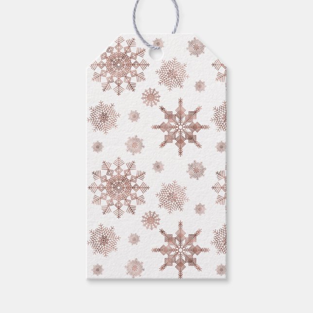 Faux Rose Gold Color Looking Snowflakes & Text Gift Tags (Front)