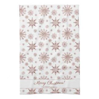 Faux Rose Gold Color Looking Snowflakes &amp; Text Kitchen Towel