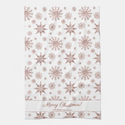 Faux Rose Gold Color Looking Snowflakes  Text Kitchen Towel