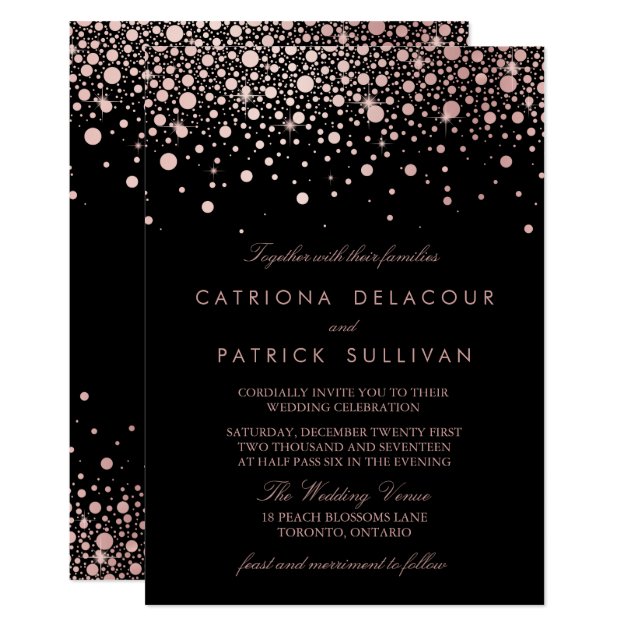 Faux Rose Gold Confetti Black And White Wedding Invitation