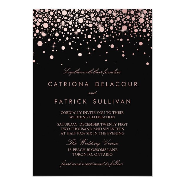 Faux Rose Gold Confetti Black And White Wedding Invitation