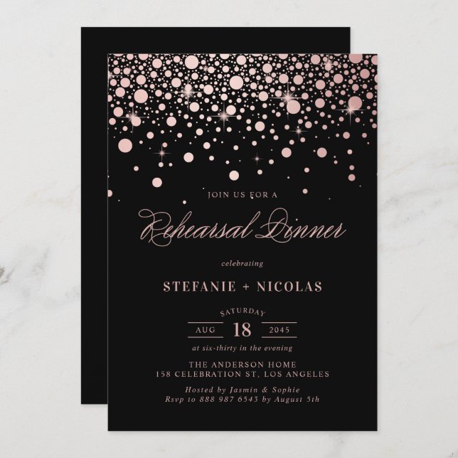 Faux Rose Gold Confetti Black Rehearsal Dinner II Invitation (Front/Back)