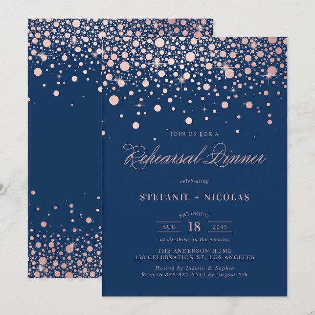 Faux Rose Gold Confetti | Blue Rehearsal Dinner Invitation (Front/Back)