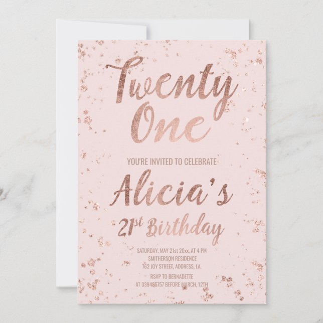 Faux rose gold confetti blush 21st Birthday name 2 Invitation (Front)