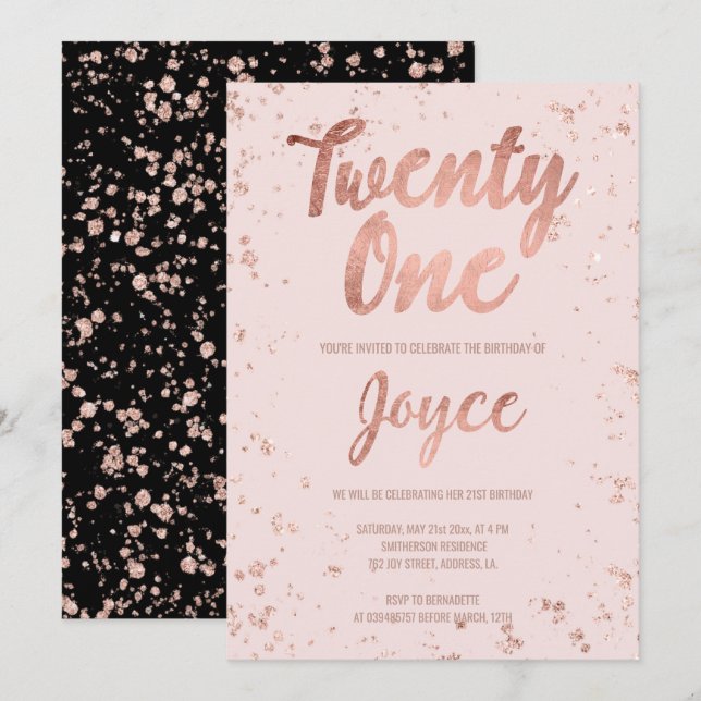 Faux rose gold confetti blush 21st Birthday name Invitation (Front/Back)