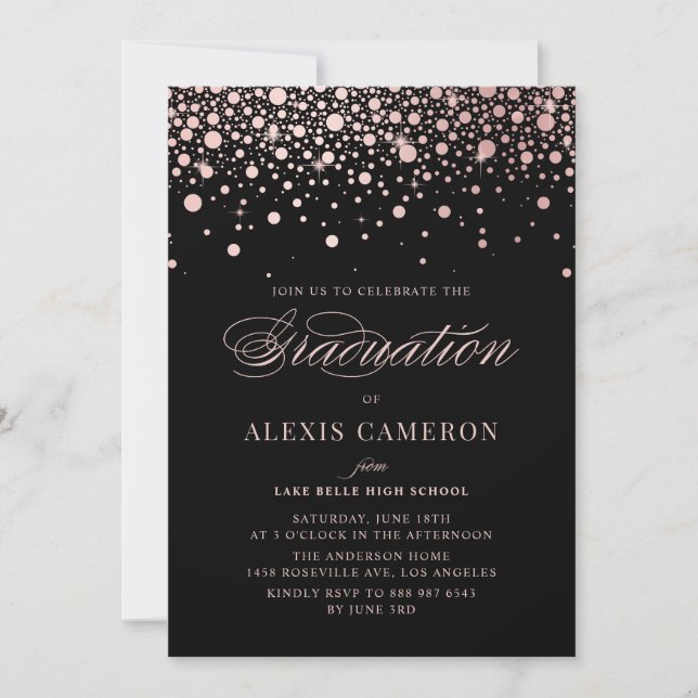 Faux Rose Gold Confetti Dots Black Graduation Invitation (Front)