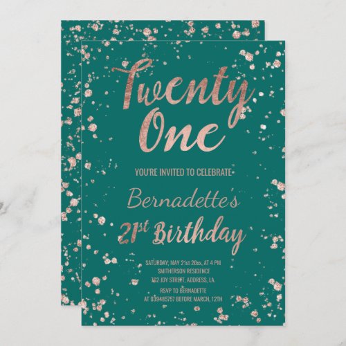 Faux rose gold confetti green 21st Birthday Invitation