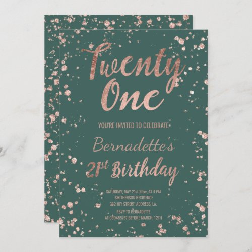 Faux rose gold confetti greenery 21st Birthday Invitation