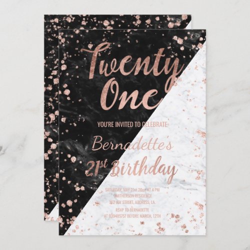 Faux rose gold confetti marble 21st Birthday Invitation