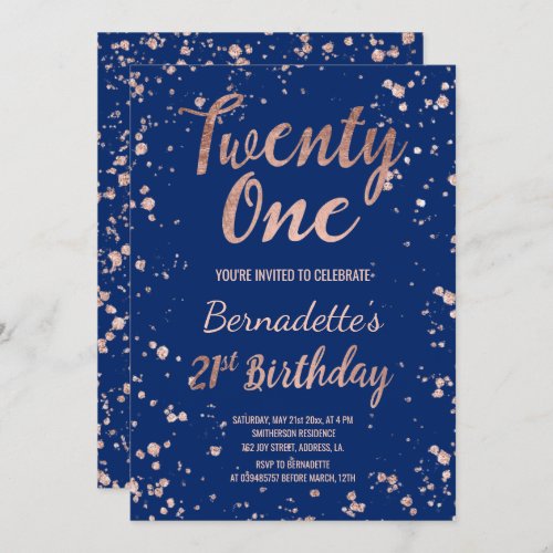 Faux rose gold confetti navy blue 21st Birthday Invitation