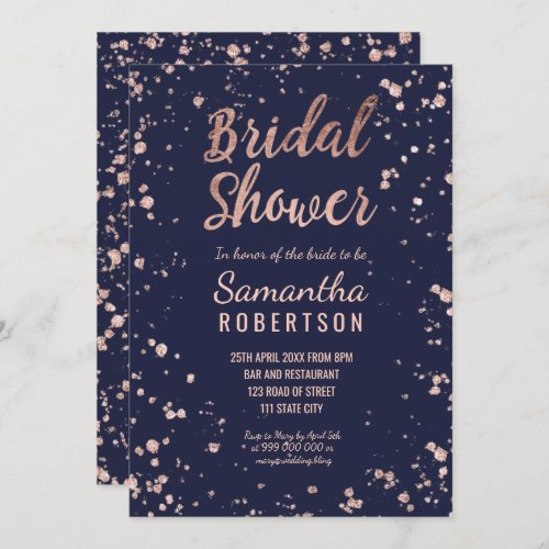 Faux rose gold confetti navy blue bridal shower invitation