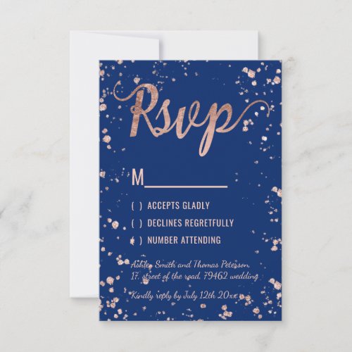 Faux rose gold confetti navy blue RSVP Wedding