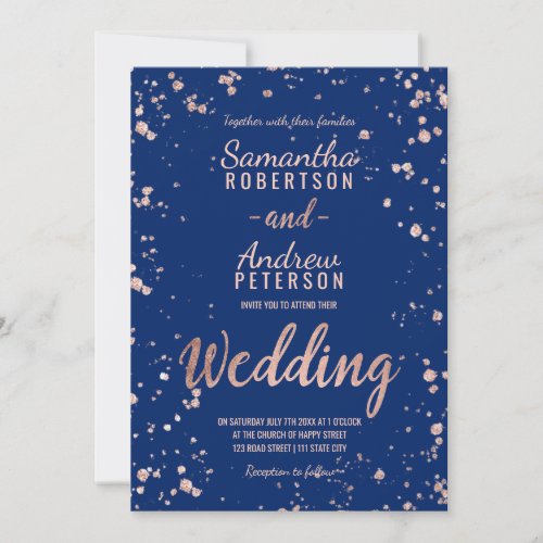 Faux rose gold confetti navy blue script wedding invitation