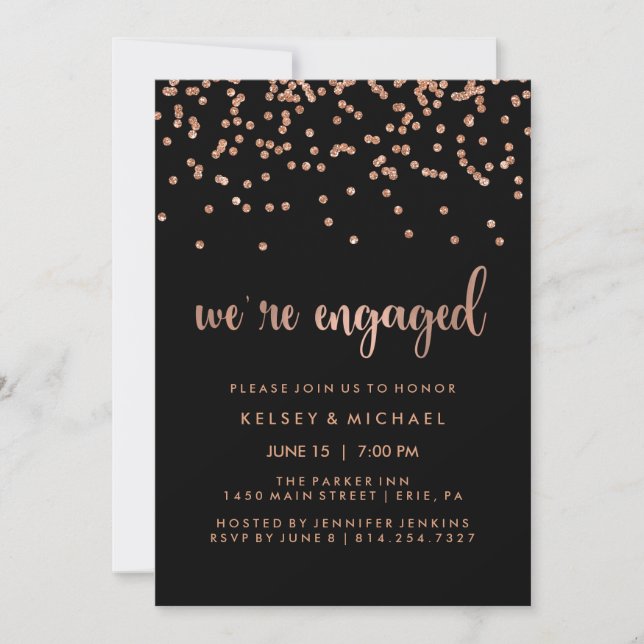 Faux Rose Gold Confetti on Black Engagement Party Invitation (Front)