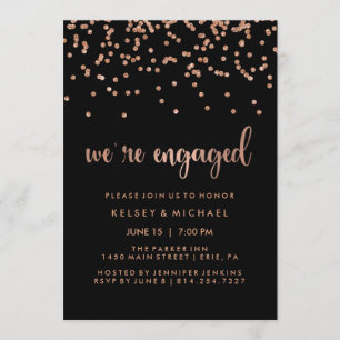Faux Rose Gold Confetti on Black Engagement Party Invitation