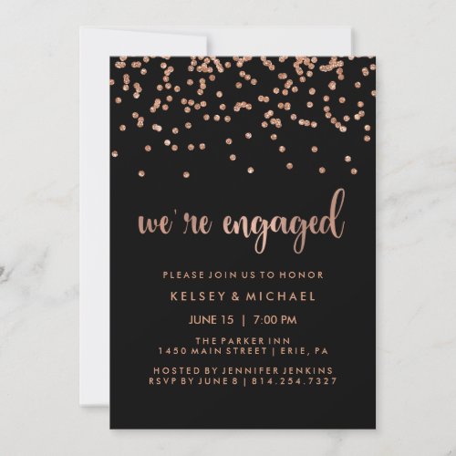Faux Rose Gold Confetti on Black Engagement Party Invitation