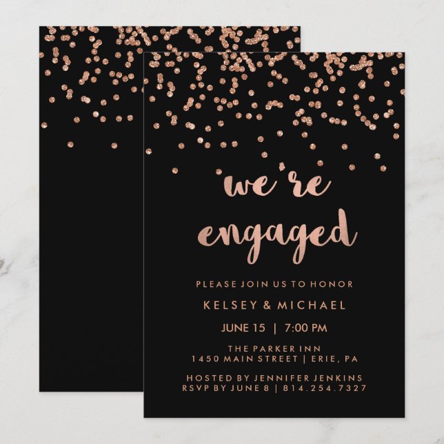Faux Rose Gold Confetti on Black Engagement Party Invitation (Front/Back)