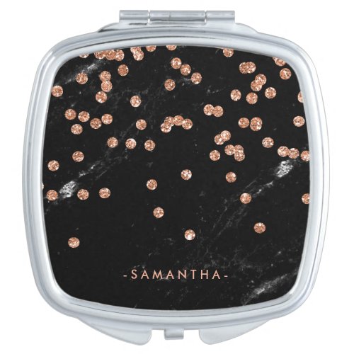 Faux Rose Gold Confetti on Black Marble Look Compact Mirror