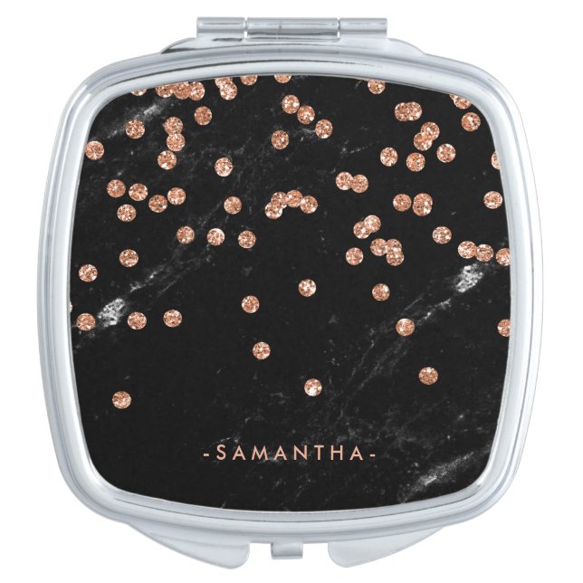Faux Rose Gold Confetti on Black Marble Look Compact Mirror (Front)