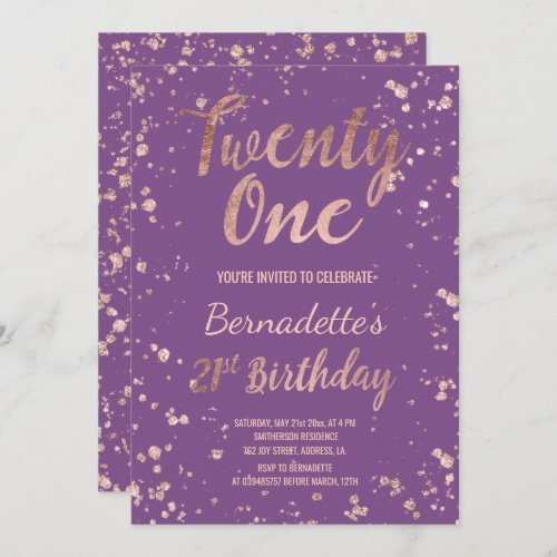 Faux rose gold confetti purple 21st Birthday Invitation