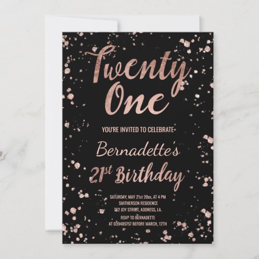 Faux rose gold confetti splatters 21st Birthday Invitation | Zazzle