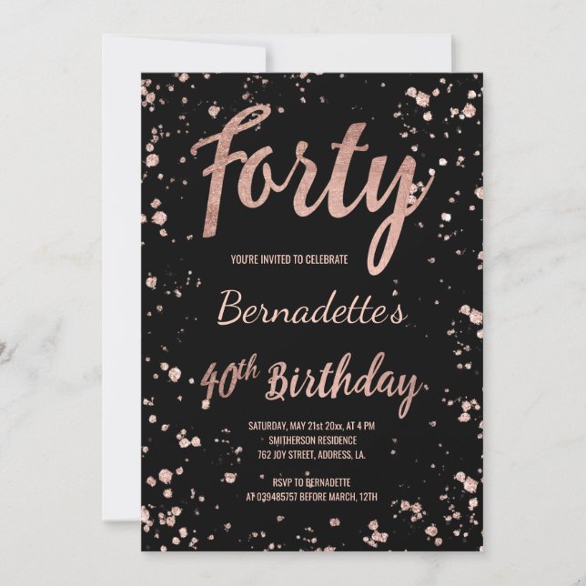 Faux rose gold confetti splatters 40th Birthday Invitation (Front)
