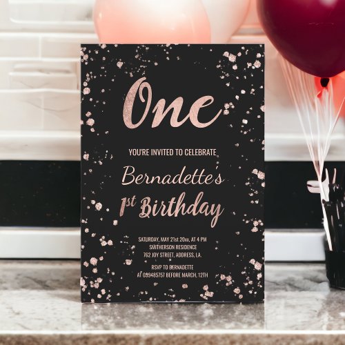 Faux rose gold confetti splatters first Birthday Invitation