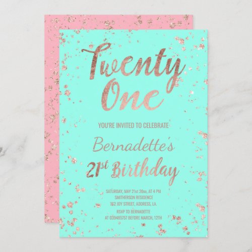 Faux rose gold confetti turquoise 21st Birthday Invitation