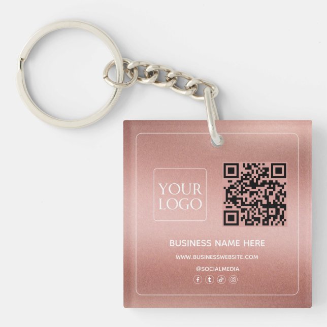 Faux Rose Gold | Custom QR Code Business Logo Keychain (Front)