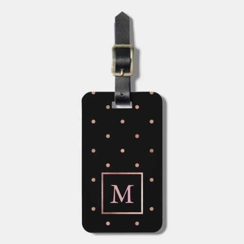Faux Rose Gold Dots on Black with Monogram Luggage Tag