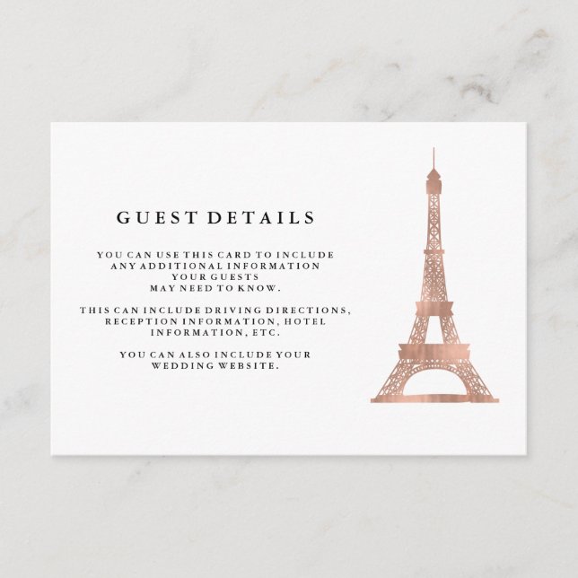 Faux Rose Gold Eiffel Tower Wedding Guest Details Enclosure Card (Front)