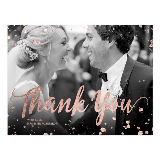 Faux Rose Gold Elegant Confetti Wedding Thank You Postcard