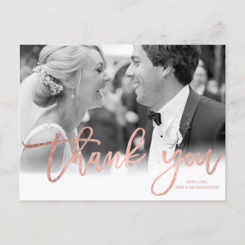 Faux rose gold elegant script wedding thank you postcard