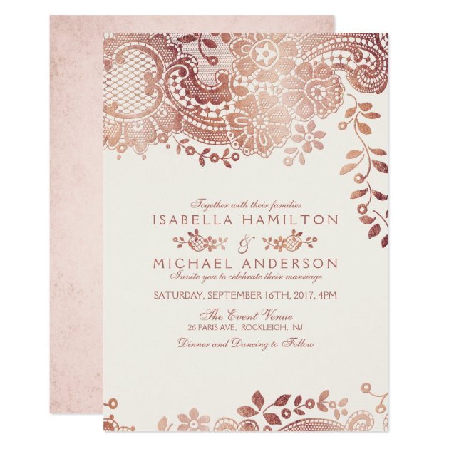 Faux Rose Gold Elegant Vintage Lace Wedding Invitation