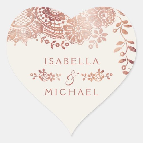 Faux rose gold elegant vintage lace wedding favor heart sticker