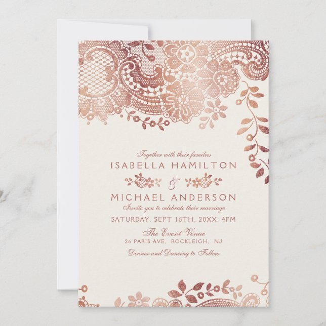 Faux rose gold elegant vintage lace wedding invitation (Front)