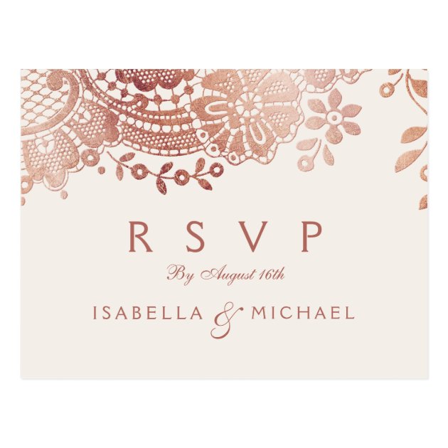 Faux Rose Gold Elegant Vintage Lace Wedding RSVP Postcard