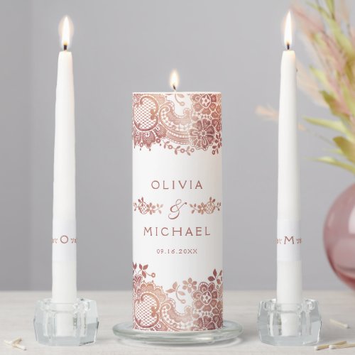 Faux rose gold elegant vintage lace wedding unity candle set