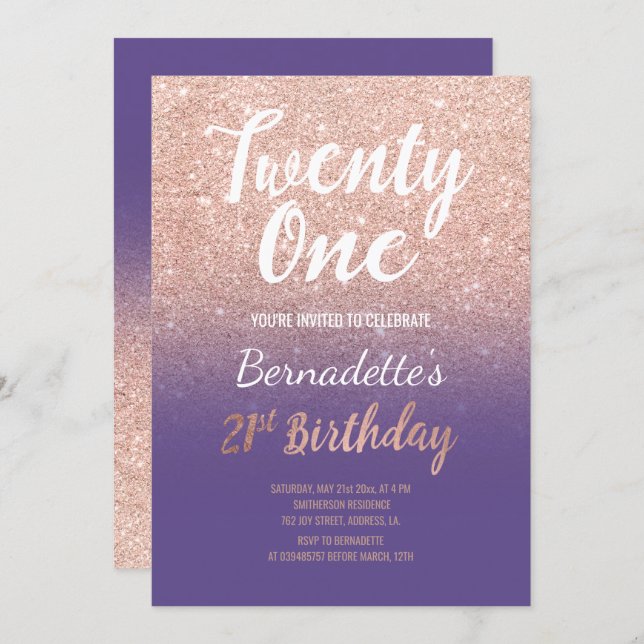 Faux rose gold faux glitter ombre 21st Birthday pu Invitation (Front/Back)