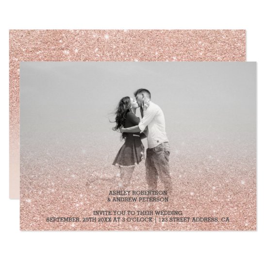 Faux rose gold faux glitter pink photo wedding invitation