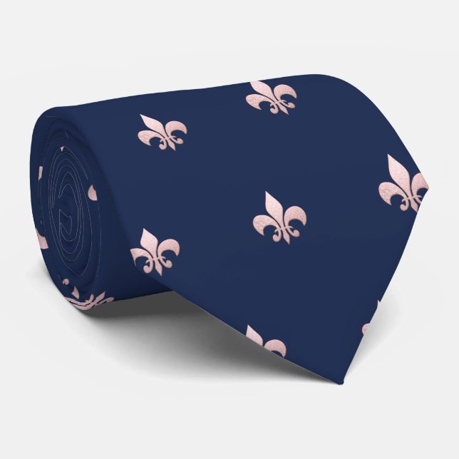 Faux Rose Gold Fleur de Lis DIY Navy Blue Neck Tie (Rolled)