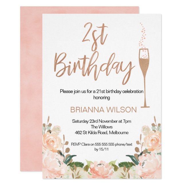 Faux Rose Gold Floral 21st Birthday Invitation