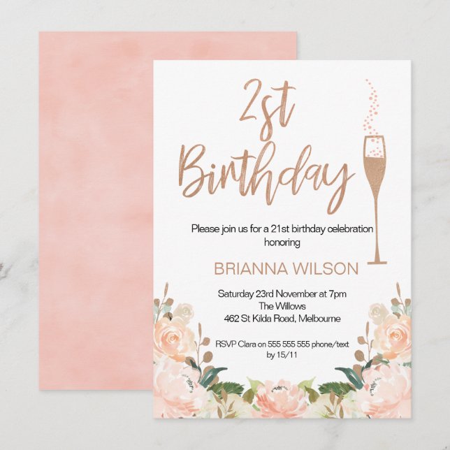 Faux Rose Gold Floral 21st Birthday Invitation (Front/Back)