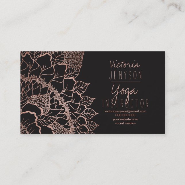 Faux rose gold floral mandala yoga instructor business card (Front)