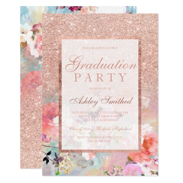 Faux Rose Gold Floral Watercolor Graduation Party Invitation