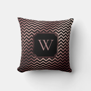 Faux Rose Gold Foil and Black Chevron w/ Monogram Throw Pillow