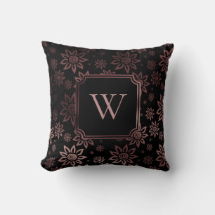 Faux Rose Gold Foil and Black Floral w/ Monogram Throw Pillow
