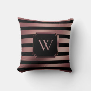 Faux Rose Gold Foil and Black Stripes w/ Monogram Throw Pillow